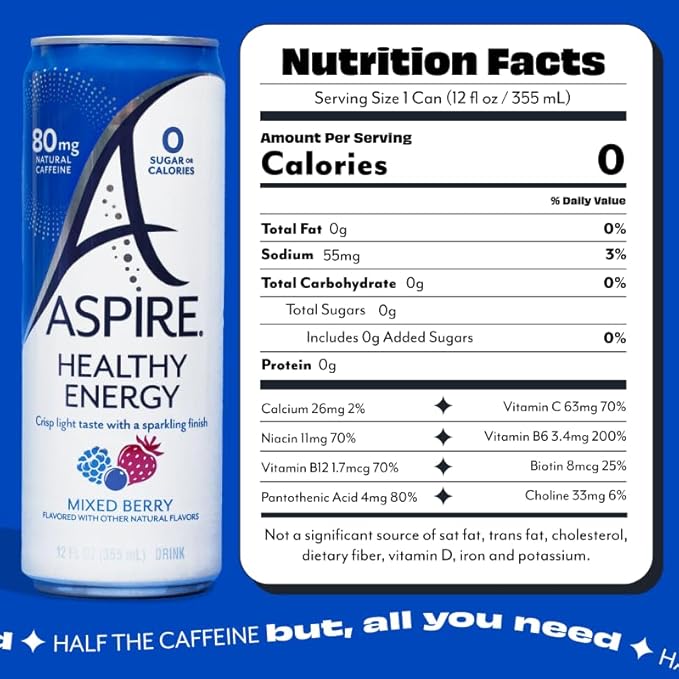 ASPIRE® Mixed Berry Healthy Energy Drink 80mg Natural Caffeine Zero Sugar No Carbs Keto Friendly 12 Pack Green Tea Sugar Free Drink Low Caffeine Zero Calorie