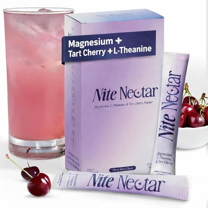 Nite Nectar Magnesium Glycinate Sleepy Mocktail Powder – Relaxing Night Drink Mix with Tart Cherry &amp L-Theanine – Promotes Calm &amp Deep Sleep – Sugar-Free Melatonin-Free Lab Tested – 12 Packe