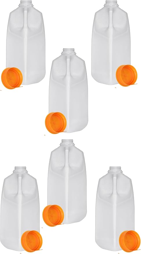 Half Gallon Jugs Bottles (Pack Of 6 x 64 Oz) with Orange Snap On Cap – Great for Homemade Juices Milk Smoothies Tea and Other Beverages - Food Grade BPA Free