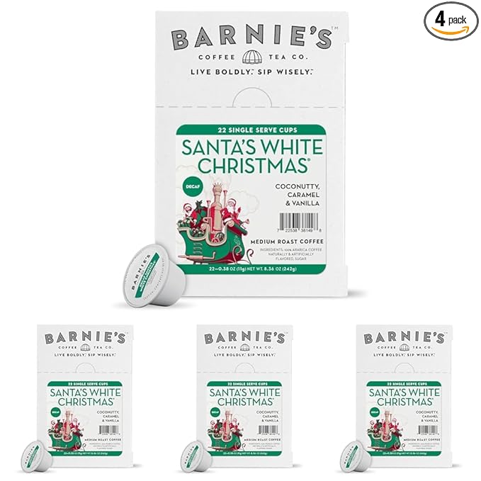 BARNIE'S COFFEE TEA CO. Single Serve K cups for Keurig Brewers Medium Roast Arabica Coffe Beans Decaf Santa's White Christmas 22 Count (Pack of 4)
