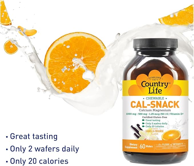 Country Life Cal-Snack Chewable Calcium Magnesium with Vitamin D 1000mg/500mg/50 IU Dairy-Free Vanilla Orange Flavor 60 Wafers Certified Gluten Free Certified Vegan (Pack of 2)