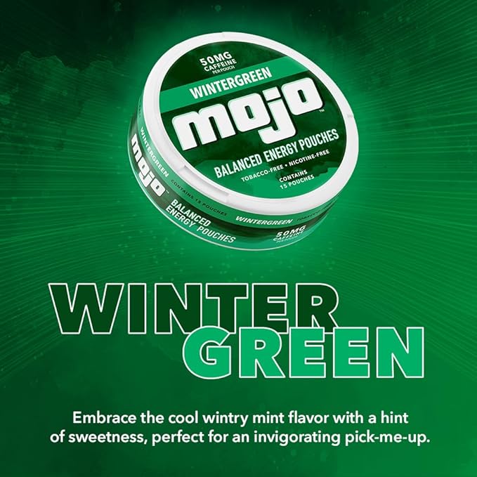 Mojo™ Balanced Energy Pouches | Healthier Energy Drink Alternative | Zero Sugar &amp Calorie-Free with Ginseng Yerba Mate B-Vitamins and Amino Acids | 15 Pouches Per Can | 5 Cans of Wintergreen