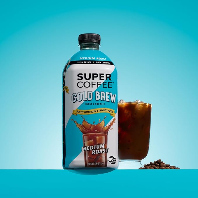 SUPER COFFEE Cold Brew Iced Keto Coffee (0g Added Sugar 25 Calories) [Dark Roast] 50 Fl Oz 6 Pack | Smart Coffee Drinks - SoyFree GlutenFree