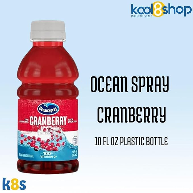 Ocean Spray Cranberry Fruit Juice Drink 10 fl oz Plastic Bottles 24 Pack + 2 Reusable Snack Bags by KOOL8SHOP Infinite Deals
