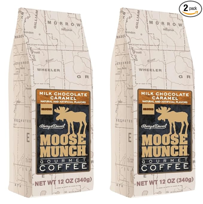 Moose Munch Milk Chocolate Caramel Ground Coffee – 2 Pack 12 oz Bags – Rich Chocolate &amp Creamy Caramel Flavored Coffee