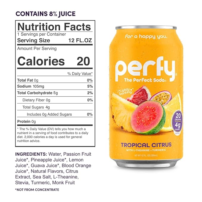 PERFY Caffeine Free Tropical Citrus Soda | Made With Real Fruit Juice – Low Sugar Nootropic Drink with L-Theanine + Turmeric | Calming Adaptogen Mocktail | Keto + GLP-1 Friendly | Sweetened with Stevi