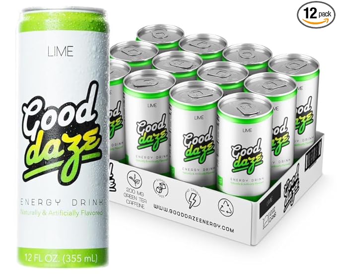 Good Daze Energy Drink with 200mg of Caffeine from Tea Sugar Free B Vitamins L-Theanine Pre Workout Performance with Antioxidants Lime 12FL OZ Cans (Pack of 12)