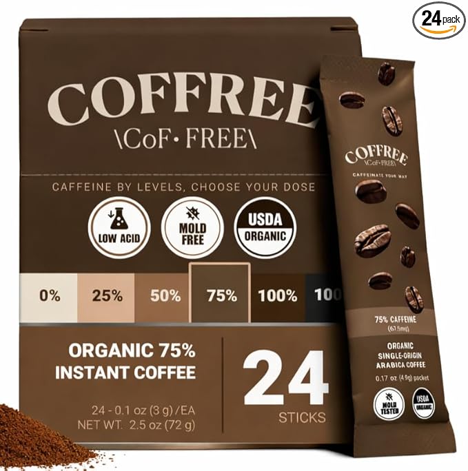 COFFREE Organic Instant Coffee Packets - 75% Half Caff Convenient Coffee Sticks Mold Free Low Acid Arabica Beans for On-the-Go Energy - Hot or Cold Smooth Taste Single Serve Travel Packets 24 Count