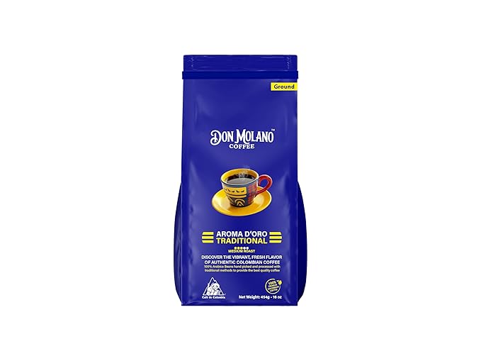 Don Molano Coffee Aroma D’Oro Traditional Ground Coffee Medium Roast 16oz - Premium Colombian Coffee Halal Certified – Rich and Balanced with a smooth and velvety texture with notes of Citrus Dark