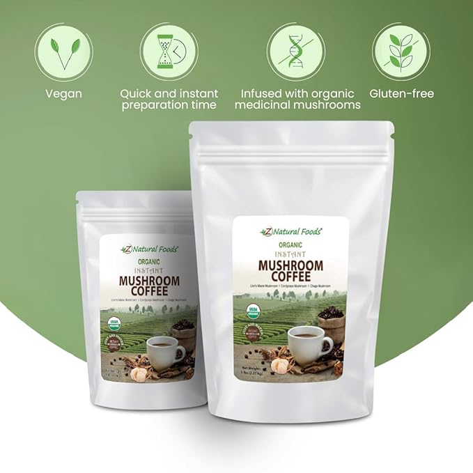 Organic Mushroom Coffee Bulk 5 lb - Instant Superfood Mix of Lion’s Mane + Cordyceps + Chaga + Coffee - Lightly Sweetened With Cashew Milk + Stevia - Vegan Gluten Free