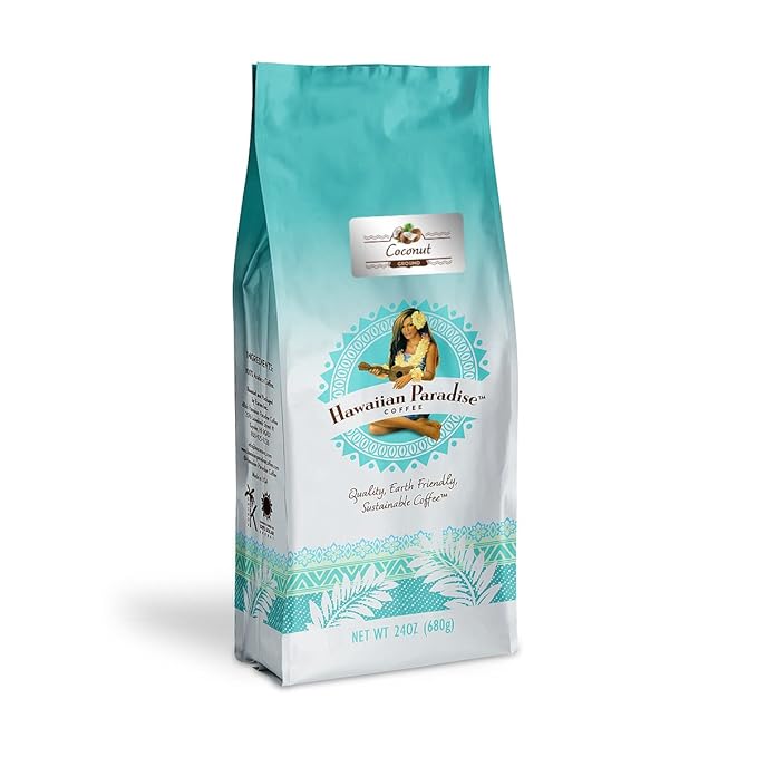 Hawaiian Paradise Coffee Coconut Flavored Ground Coffee 24oz Bag 100% Arabica - Premium Rich Flavored Finest Beans &amp Sustainably Grown.
