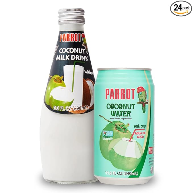 Parrot Coconut Water with Pulp 11.5 fl oz and Coconut Milk Drink Original with Pulp 290ml（Total Pack of 24）