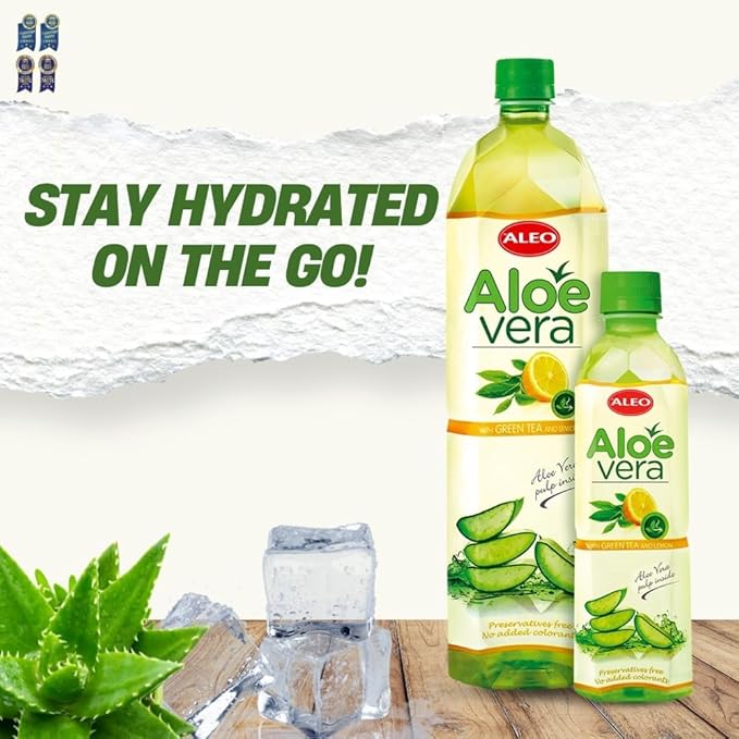 ALEO 0.5L Premium Green tea and Lemon Aloe Vera Drink - Natural No Preservatives No Artificial Colors Superior Taste Award 2025