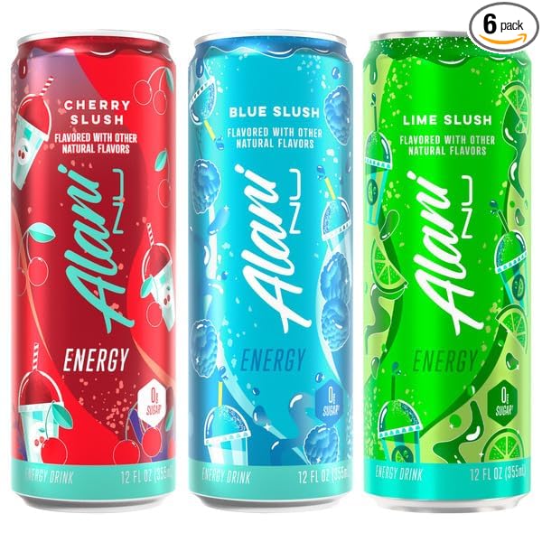 New Alani Energy Drinks Lime Slush Cherry Slush Blue Slush Variety Pack Sugar-Free Low-Calorie Energy Boost Drink 12 fl oz (Pack of 6)