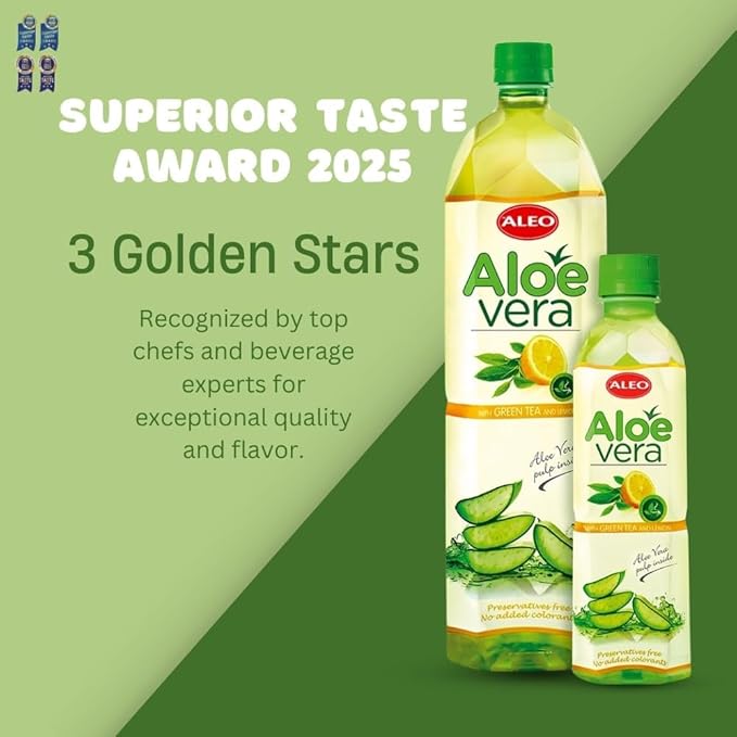 ALEO 1.5L x 12 Premium Green tea and Lemon Aloe Vera Drink - Natural No Preservatives No Artificial Colors Superior Taste Award 2025