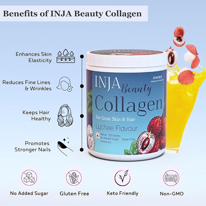 INJA Wellness Beauty Marine Collagen Supplement for Women Men Vitamin C Collagen with Japanese Formulation Healthy Joints Muscles Skin and Hair Sugar and Gluten Free Lychee Flavor 125gm