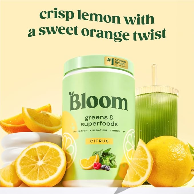 Bloom Nutrition Superfood Greens Powder Digestive Enzymes with Probiotics and Prebiotics Gut Health Bloating Relief for Women Chlorella Green Juice Mix with Beet Root Powder 60 SVG Citrus