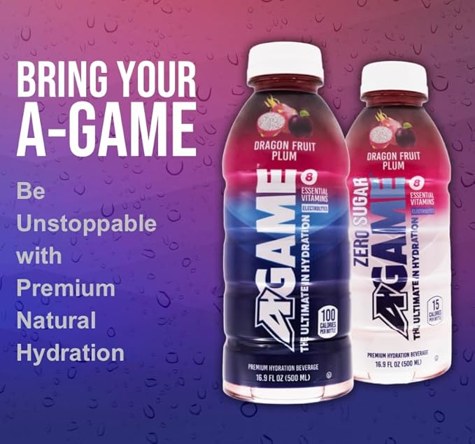 A-GAME Zero Sugar Sports Drink Dragon Fruit Plum Zero Sugar The Ultimate Sugar Free Hydration Sports Beverage 8 Essential Vitamins including B C &amp E plus Sea Salt Electrolytes All Natural Fl