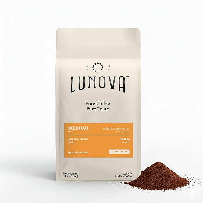 Lunova Organic Mold-Free Ground Coffee | Single-Origin from Chiapas Mexico | Specialty-Grade Third Party Tested (12 oz Medium Roast)