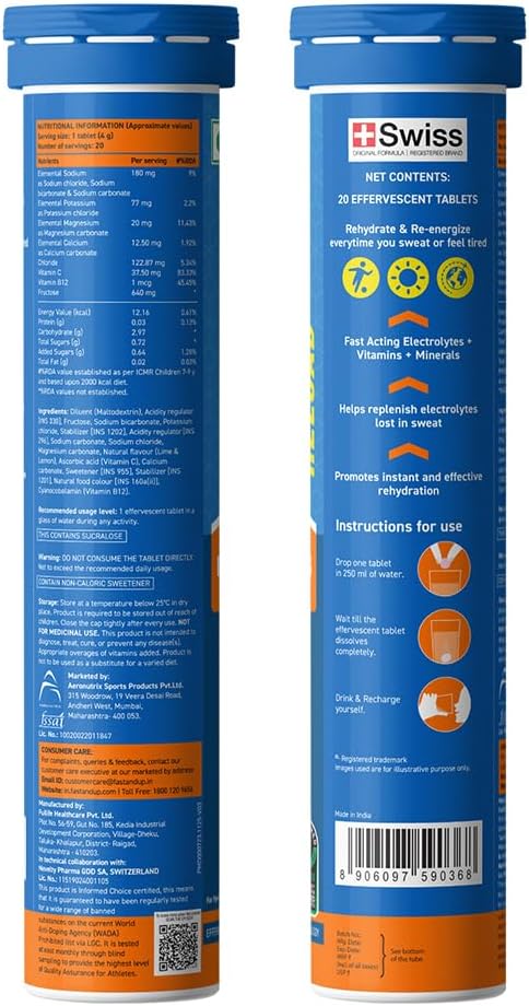 Fast&ampUp Reload Instant Energy and Hydration Sports Drink - Pack of 4 tubes with 20 tablets each - Lime&ampLemon Flavour