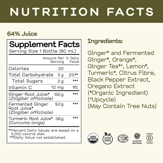 Greenhouse Juice Organic Fiery Ginger Wellness Shots 24-Count 60ml Glass Bottles | Vegan &amp Gluten-Free