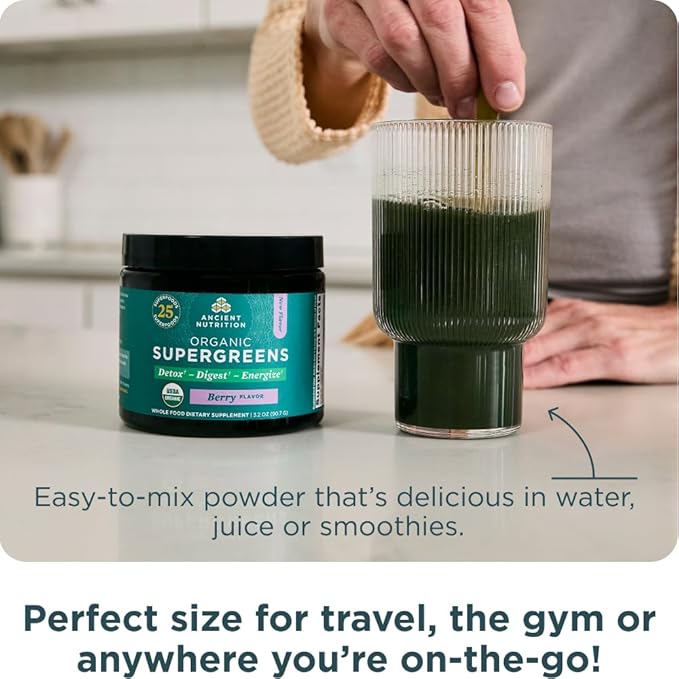 Ancient Nutrition Multi Collagen Protein Powder Vanilla 60 Servings + Organic Supergreens Powder Berry 12 Servings
