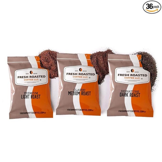 Fresh Roasted Coffee FRC Light Medium &amp Dark Roast Blends Kosher Pre-Ground Fractional Packs 2.25 Ounce 36 Count