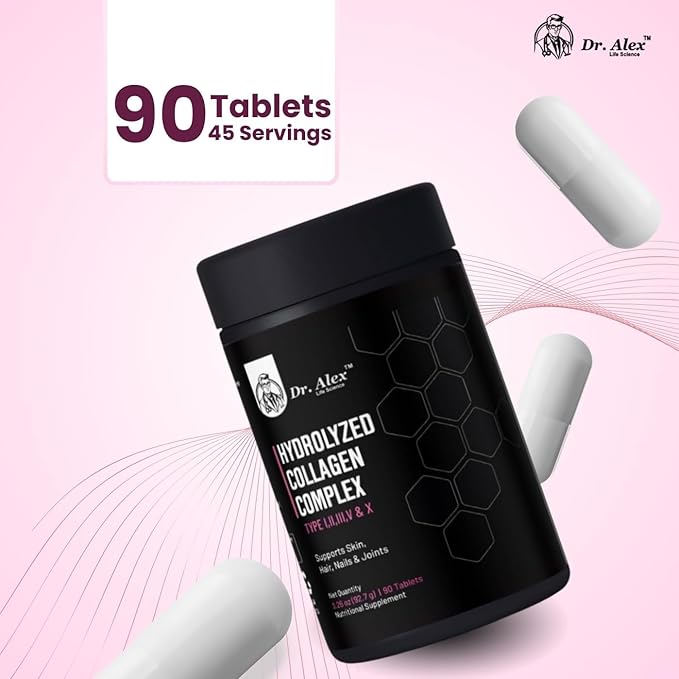 Dr. Alex Hydrolyzed Multi Collagen Supplement Tablets 1800mg (90 Tablets) - Type I II III V &amp X | Collagen Peptides Capsules for Women &amp Men | Skin Hair Nails &amp Joint Support