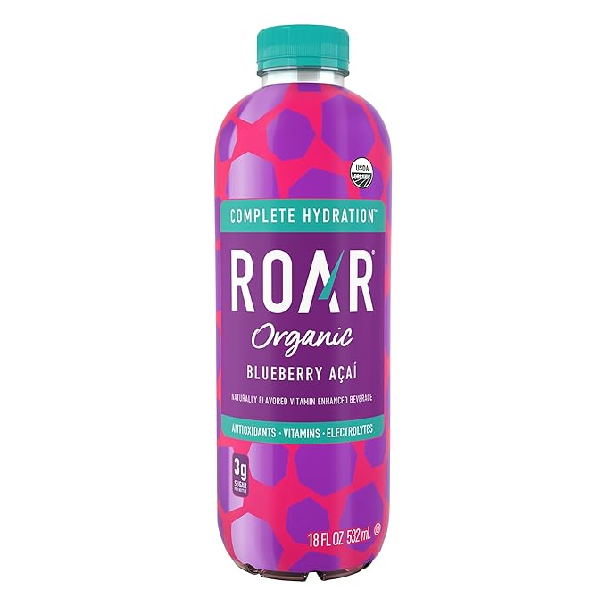 Roar Organic Electrolyte Infusions - USDA Organic - Blueberry Acai - with Antioxidants B Vitamins Low-Calorie Low-Sugar Low-Carb Coconut Water Infused Beverage 18 Fl Oz (Pack of 12)