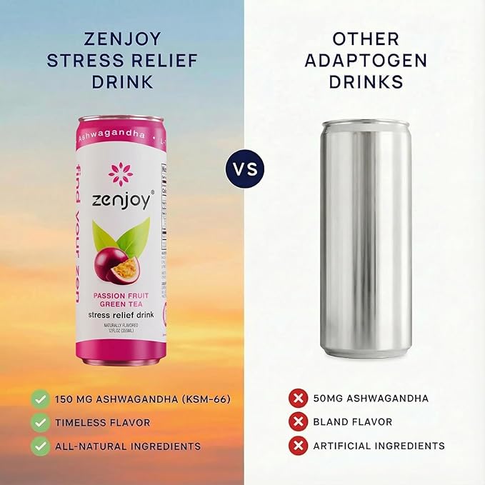 Zenjoy Stress Relief Drink Calming Green Tea Non Alcoholic Ashwagandha &amp Lemon Balm for Stress Relief L - Theanine for Focus (12 Pack) (Passion Fruit)