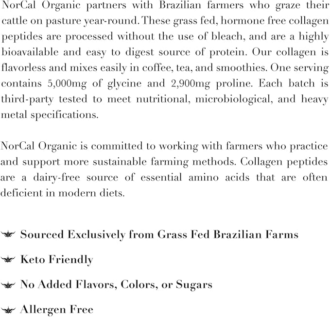 Norcal Hydrolyzed Collagen Peptides 12oz | 20g Protein 0g Carbs/Fat | Grass-Fed Brazilian Cows | for Easy Mixing &amp Bioavailability | US GMP Certified