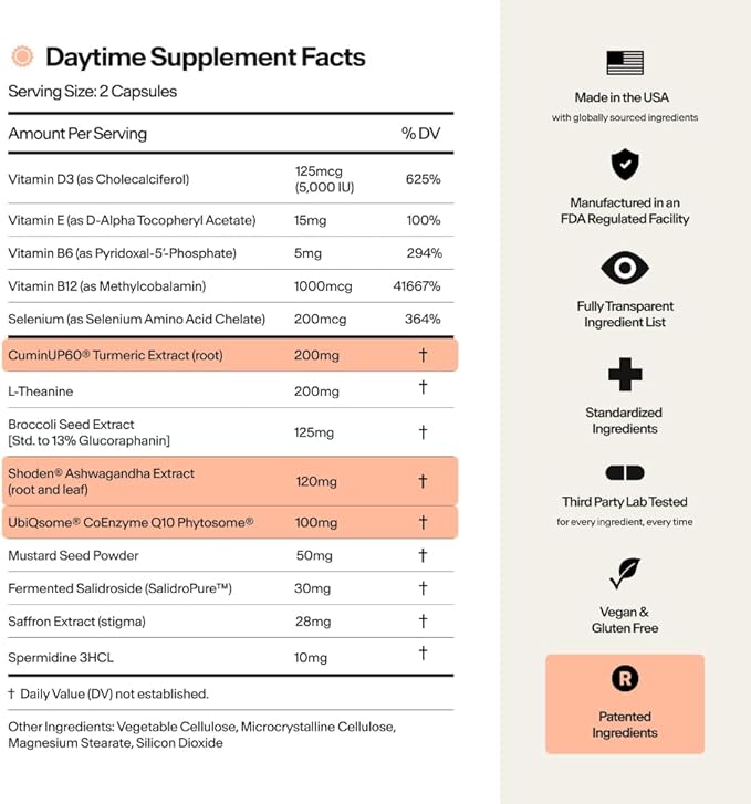 Stasis Daytime Energy &amp Focus Supplement for Men &amp Women with Vitamin D3 L Theanine Ashwagandha &amp CoQ10 Cognitive Support Capsules for Morning Routines Vegan Non GMO 25 Servings 1 M