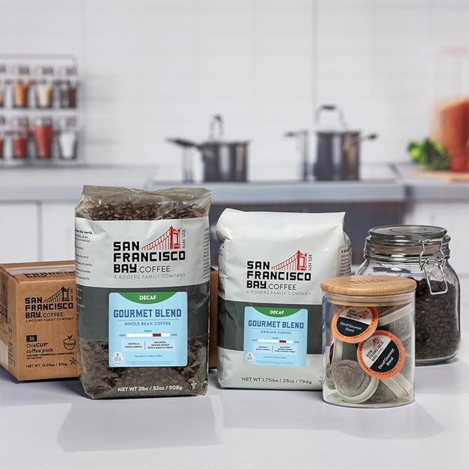 San Francisco Bay Coffee - Decaf Medium-Dark Roast - Decaf Gourmet Blend (80 ct) - Single Serve Coffee Pods Swiss Water Processed Commercially Compostable K Cup Compatible