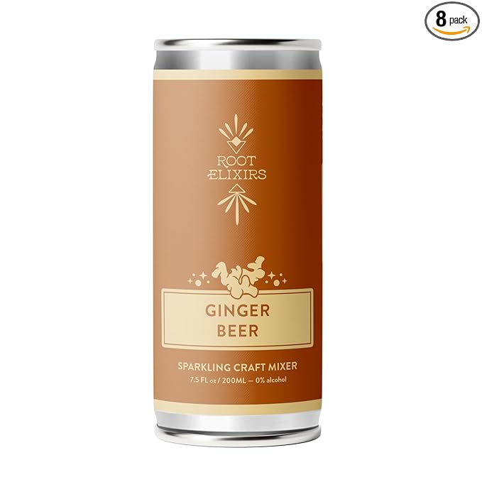 Root Elixirs Ginger Beer Sparkling Mixer for Craft Cocktails or Mocktails | All Natural Zero Proof Fresh Citrus No Artificial Sweeteners 7.5 FL oz (Pack of 8)