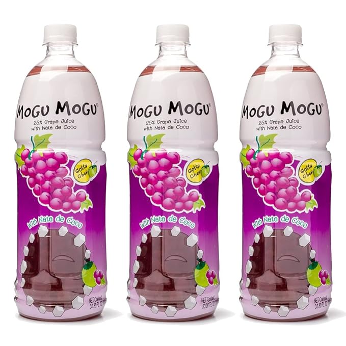 [Pack of 3] [Free Measuring Spoon] Mogu Mogu Juice with Nata De Coco - 33.8 Fl Oz Large Family Size (Grape) 320 ml