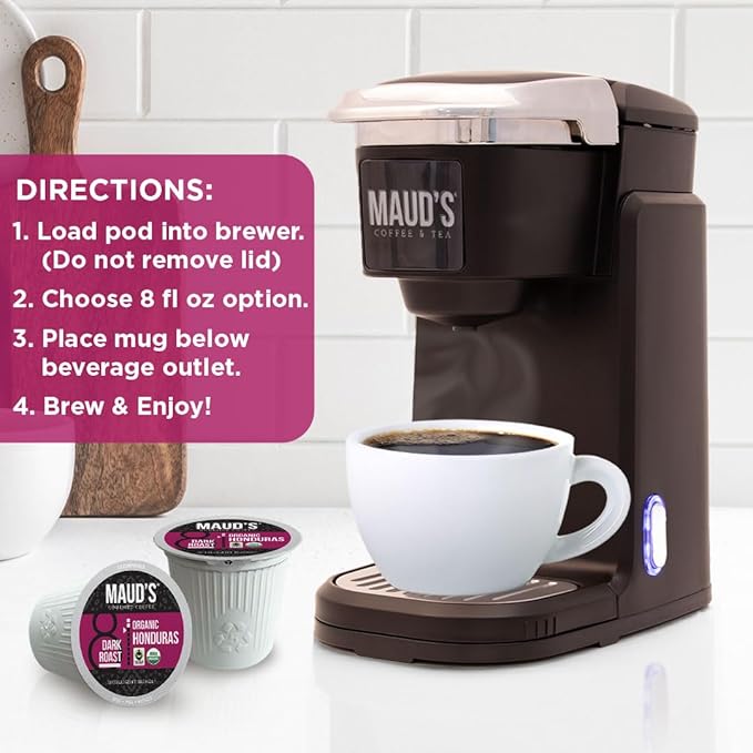 Maud's Organic Honduran Coffee Pods 50 ct Single Origin Honduran Dark Roast Coffee in Single Serve Pods – 100% Arabica Coffee Compatible with Keurig K Cups Maker