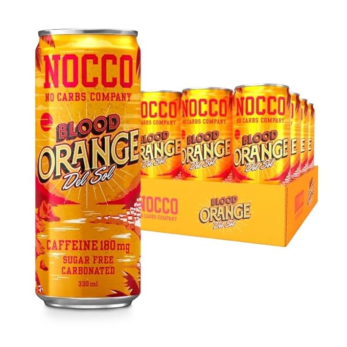 24 cans | NOCCO BCAA DRINK | Blood Orange Del Sol 330 ml | BCAA | 105 mg Caffeine | Energy Drink | Buxtrade