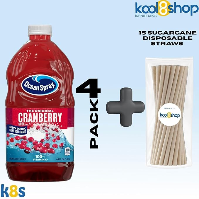 Ocean Spray Cranberry Fruit Juice Drink 64 fl oz Plastic Bottle 4 Pack + 15 Sugarcane Disposable Straws by KOOL8SHOP Infinite Deals