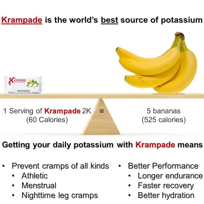 Krampade Original Reduced Sugar 2K - 2000 mg Potassium Electrolyte Powder Drink Mix | Cramp Relief - Hydration - Increased Performance | Lemon Lime - 20 Single Serving Packets
