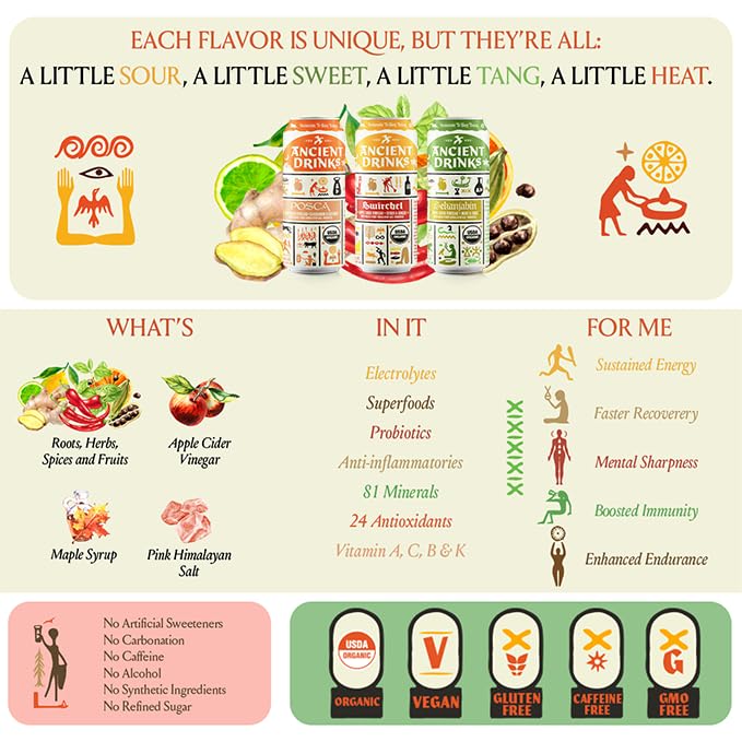 ANCIENT DRINKS Apple Cider Vinegar Electrolyte Drink with Probiotics – Organic Hydration Beverage Variety Pack (Posca Switchel Sekanjabin) – ACV Sports Drink with Natural Vitamins – 16 oz Cans 12 P