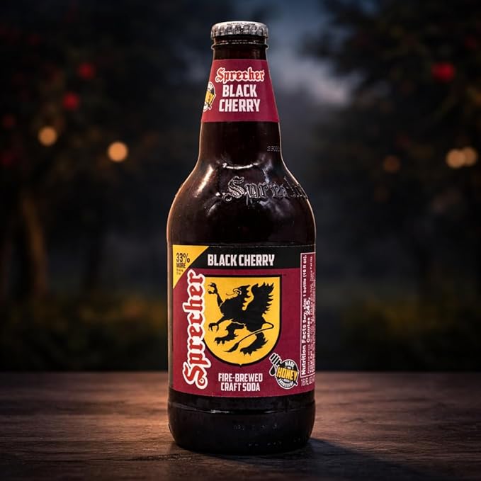 Sprecher Black Cherry Soda in 16 fl oz Glass Bottles (12 Pack) Fire Brewed Craft Cherry Soda with Real Honey Naturally Flavored Caffeine Free Soft Drink