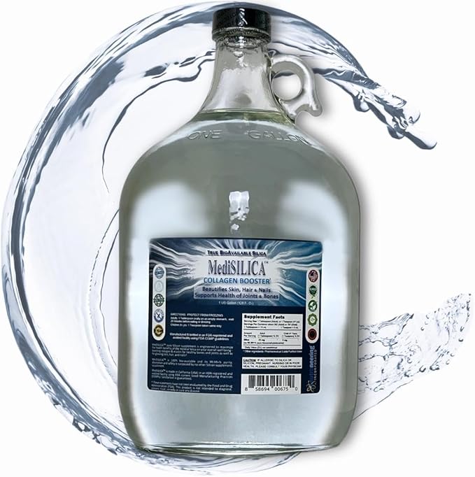 MediSILICA Collagen Booster Water-Soluble Silica Nutritional Supplement - 1 US Gallon in Clear Glass Jug