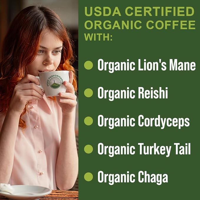 Organic Mushroom Coffee Pods with Lion's Mane Reishi Cordyceps Turkey Tail and Chaga Mushrooms. High Altitude Low Acid Smooth Tasting Fair Trade 72 Nootropic Coffee Pods (Medium Roast Ground)