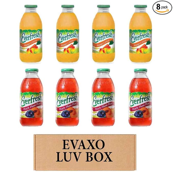 LUV BOX- variety Everfresh Juice 16 oz. pack of 8 Everfresh Mango Carrot Everfresh Peach Plum Pear. by evaxo