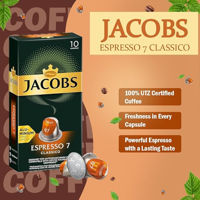 Jacobs Espresso 7 Classico 10x10 CAPSULES Coffee Capsules Compatible with (057 USD/1 CAP)
