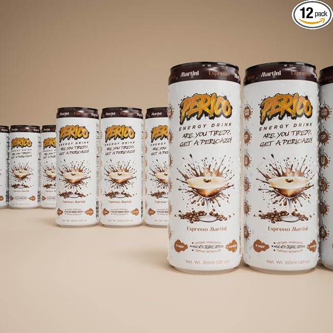 Perico Energy Drink Expresso Martini Flavor 12 PACK Natural Energy Beverage Can Sparkling Sugar-Free With Essential Amino AcidsCarnipure® L-carnitineBiotin 200mg Organic Caffeine