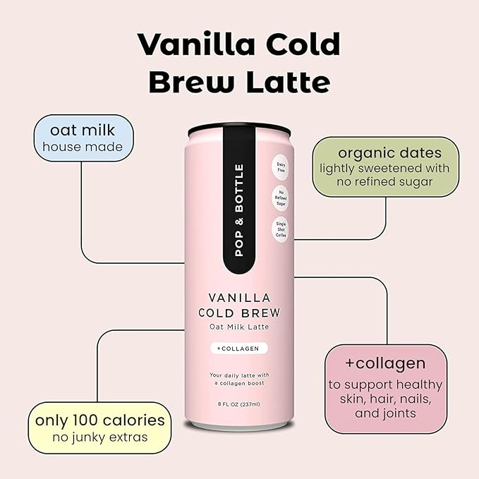 Pop &amp Bottle Vanilla and Matcha Oat Milk Lattes - Reishi and Maitake Mushrooms Green Tea Cold Brew Marine Collagen MCT Oil Organic Dairy &amp Gluten Free Vegan - 8 Fl Oz (Pack of 12) 6