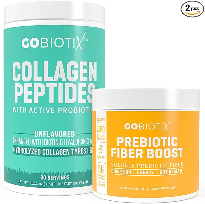 GOBIOTIX Fiber &amp Collagen Bundle: Hair Skin Gut Support - 30 Servings Collagen 35 Servings Fiber
