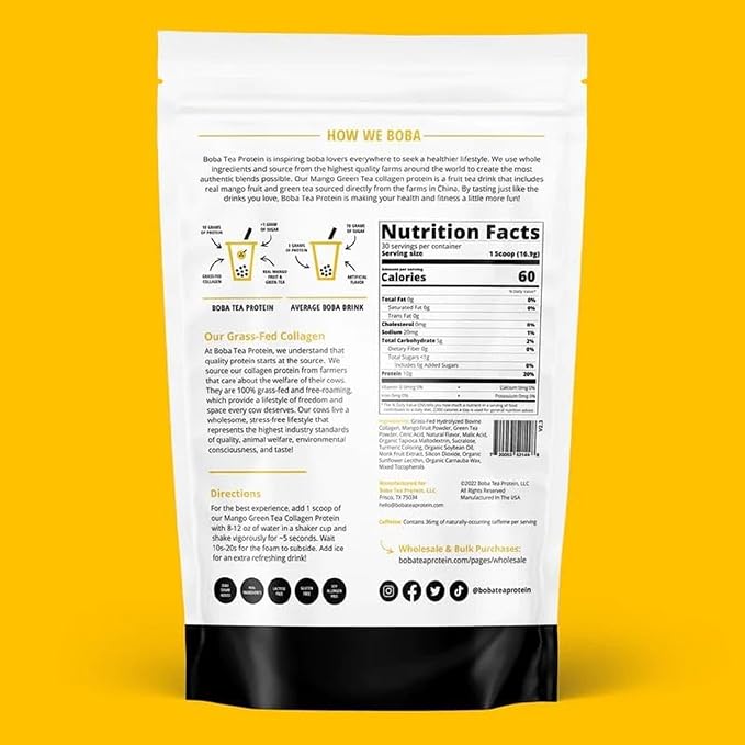 Mango Green Tea Flavored Collagen | 30 Servings | Grass-Fed Hydrolyzed Bovine Collagen Powder for Men and Women | Promotes Hair Nail Skin Bone and Joint Health | No Added Sugar
