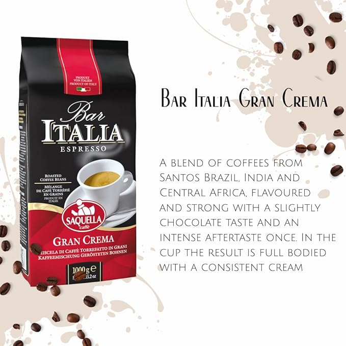 Saquella Bar Italia Gran Crema Espresso Coffee Beans 1kg (2.2 lb) | Authentic Italian Roast | Full-Bodied Velvety Crema &amp Rich Aroma | Perfect for Espresso Cappuccino &amp Latte